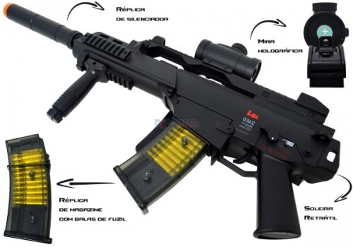 Rifle AEG Airsoft G36 H&K 6mm + Red dot + Bandoleira Combat -